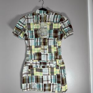 Dereon Patchwork Plaid Button Front Mini Dress Y2K Gold Embroidered Logo